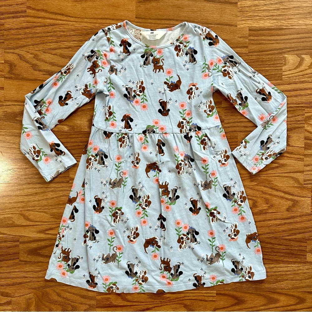 H&M Girls Size 8-10 Long Sleeve Dress Spring Cat Dog Light Blue Cotton EUC!